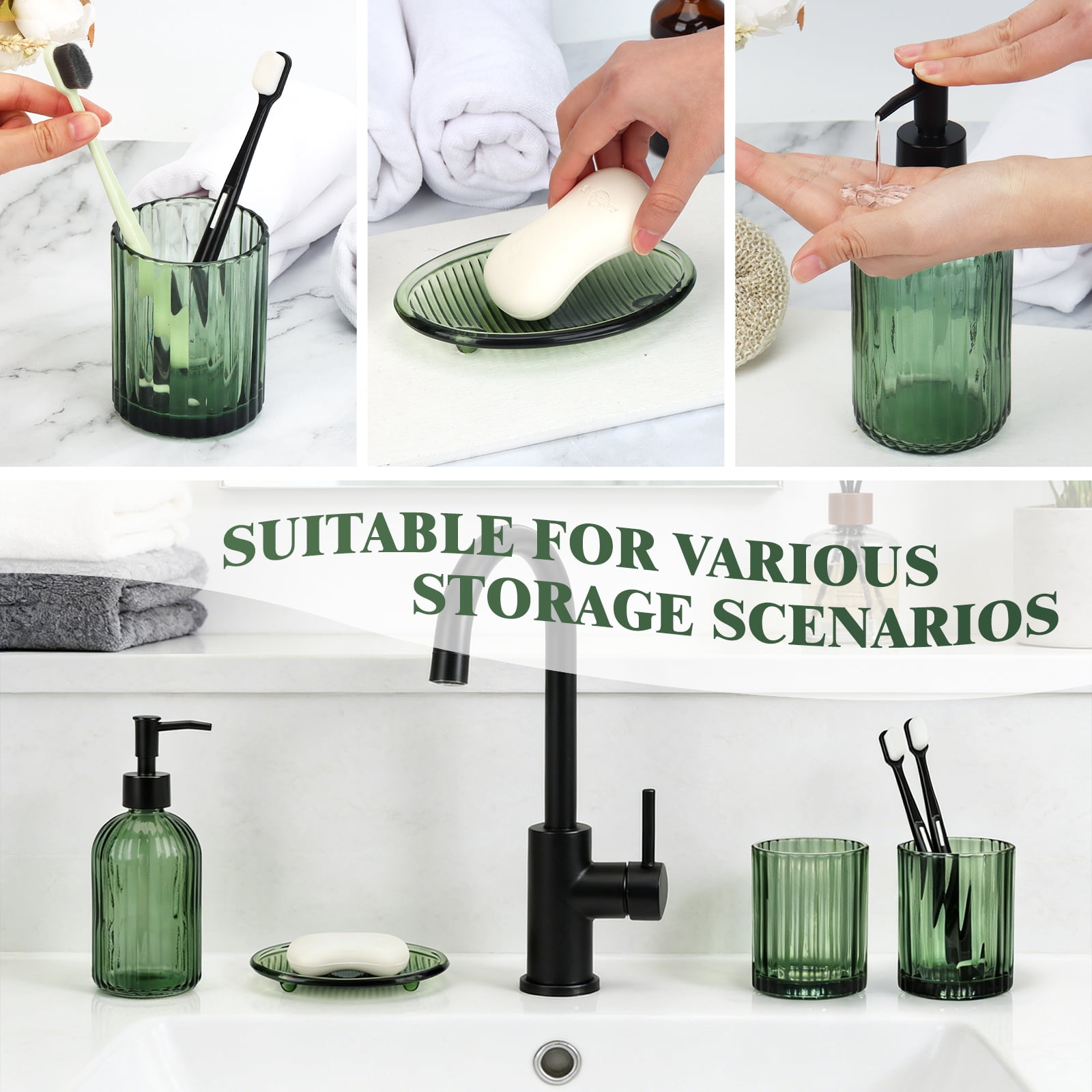 Bathroom Accessories Set, 4Pcs Bathroom Glass Soap Dispenser Set ,with Soap Dispenser , Soap Dish, Tumbler,Green