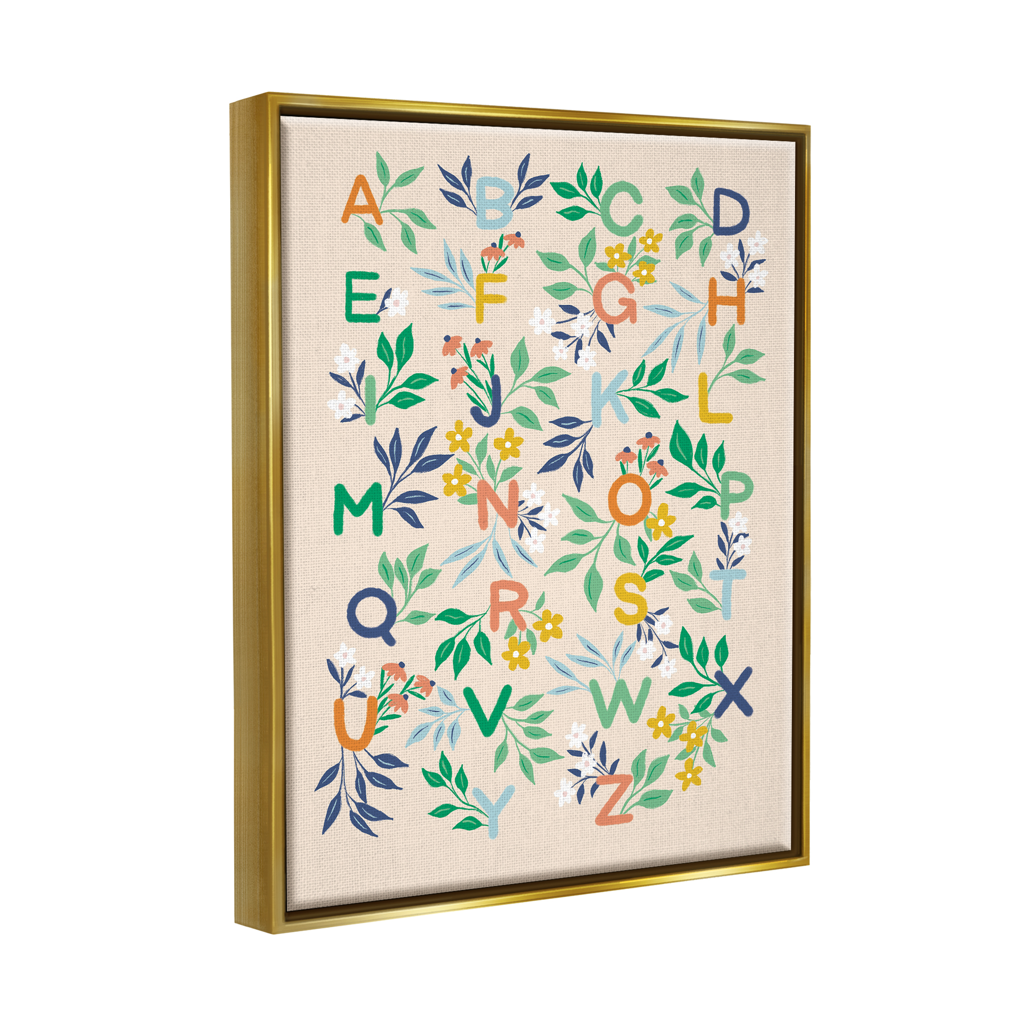 Stupell Industries Cottage Blooms Alphabet Typography Painting Gold Floater Framed Canvas Art Print Wall Art, 25 x 31