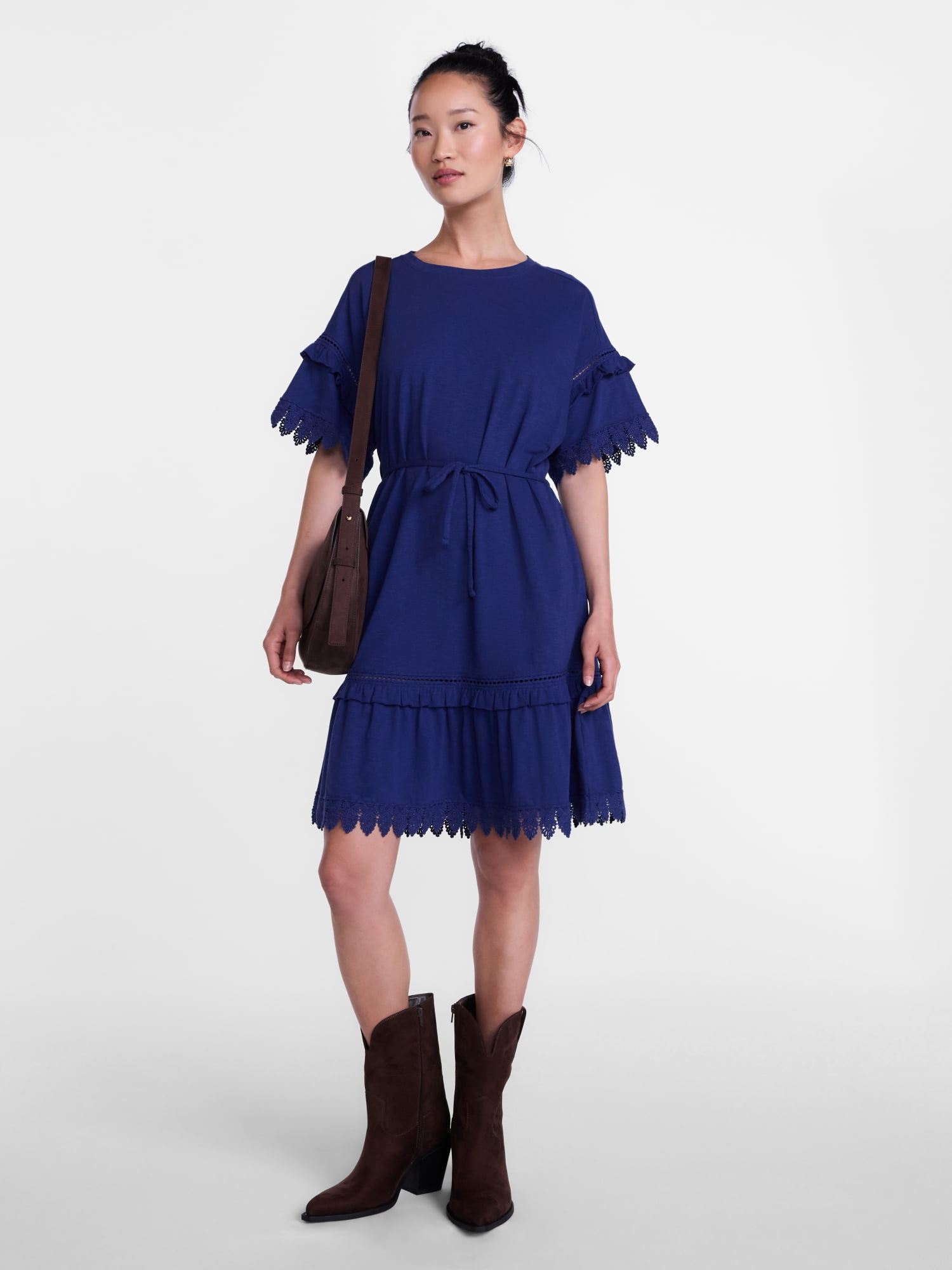 Scenario Women's Lace Trim Knit Dress with Short Sleeves, Sizes XS-XXXL