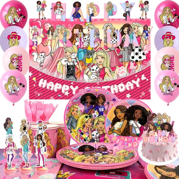 Barbi Birthday Decorations, Princess Barbi Party Decorations & Tableware Set Including Barbi Princess Cake Topper Backdrop Plates Tablecloth etc Barbi Theme Birthday Party Supplies