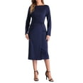 thumbnail image 1 of Vestido de manga larga ajustado con cintura fruncida y cuello barco para mujer, vestido midi de oficina en azul oscuro XS, 1 of 1