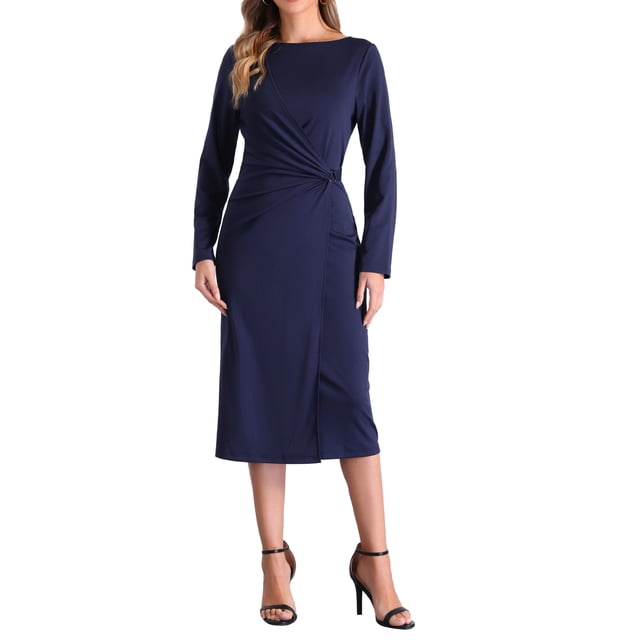 Vestido de manga larga ajustado con cintura fruncida y cuello barco para mujer, vestido midi de oficina en azul oscuro XS