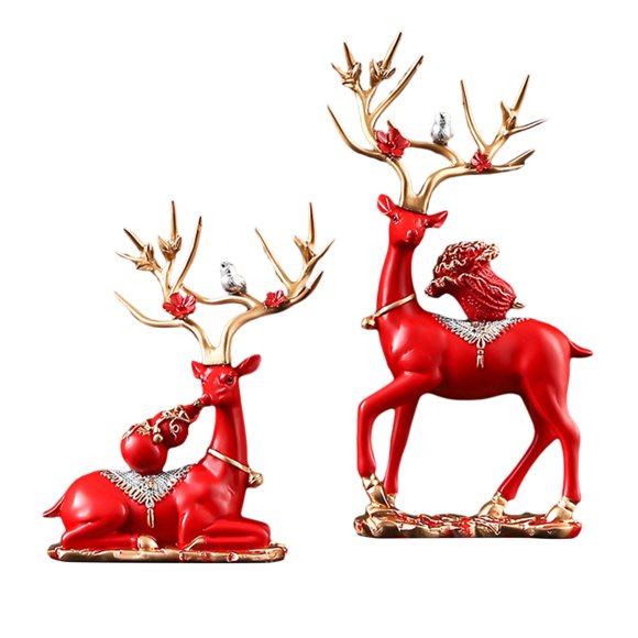 Elk Deer Figurines Home Decor Couple Deer Ornaments for Office Hotel Desktop red