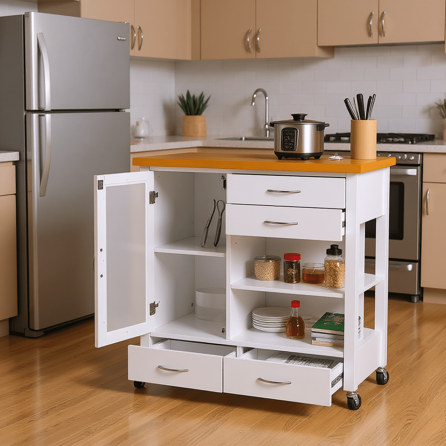 Homy Casa Kitchen Island Cart with Drawers, Shelves, and Glass Door, Rolling Storage Cabinet on Wheels