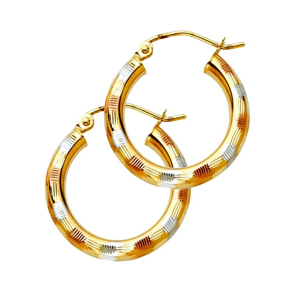 14k 3mm Yellow Gold White Gold and Rose Gold Sparkle-Cut Hoop Earrings Hoop Earring for Women