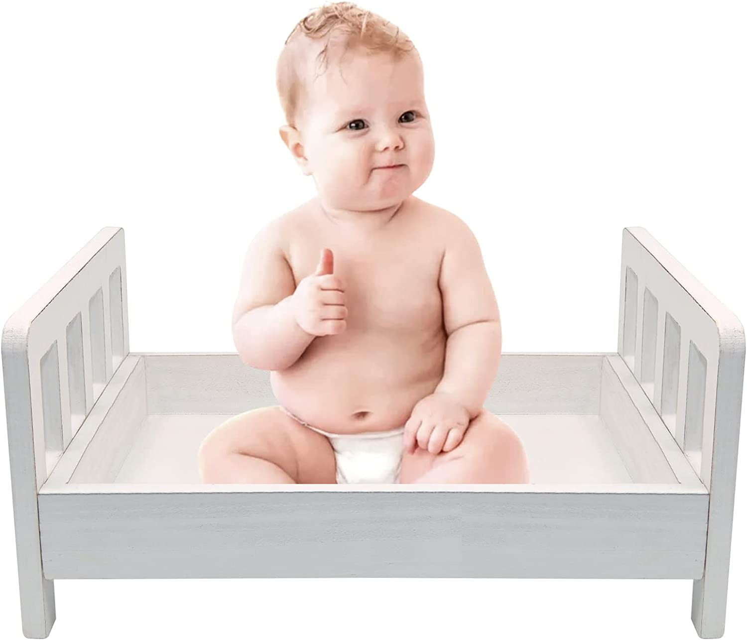 VEGCOO Newborn Photography Props Bed, White Wooden Baby Photoshoot