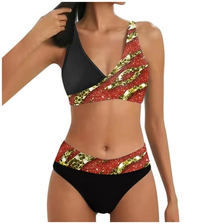 QYZEU Swimsuit for Women 2024 Tankini Bathing Suit Top Women s Two Piece Bikini Split Print Hot Push Up Bikini Swimsuit V Neck Lightweight Swimsuit Underwire Bra Red XL
