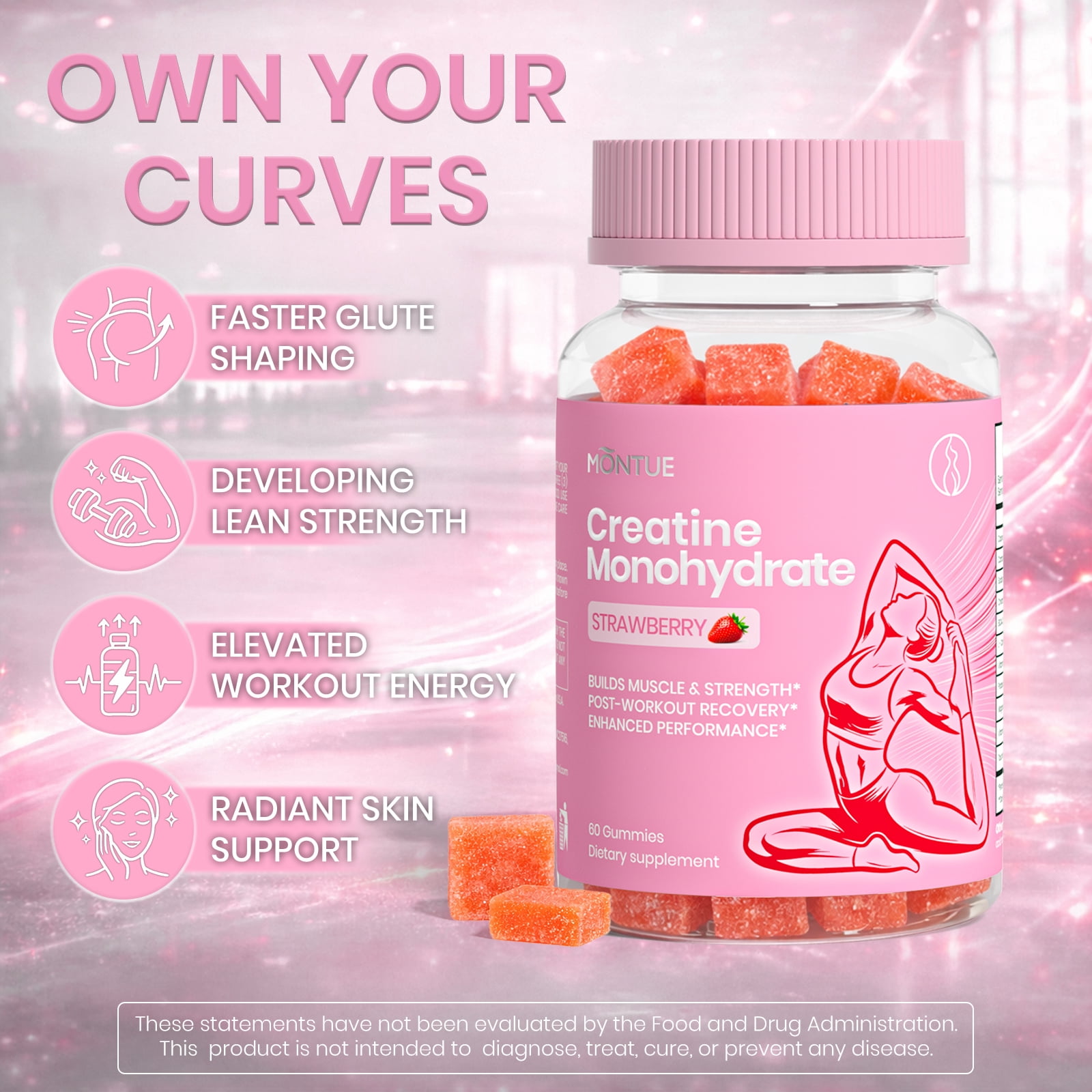 BFQN Peach Support Multivitamin Gummies and Creatine Monohydrate Gummies for Women – with Herbal Extracts & Essential Vitamins, Berry Flavor, 2-Pack (120 Gummies)