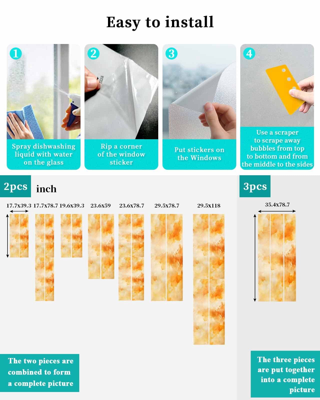 Window Privacy Film Orange Stained Glass Window Film Decorative Sun Block Window Cover Watercolor Farmhouse Ombre Abstract Texture Window Clings Static Adhesive Sticker for Bathroom 35.4"x78.7"