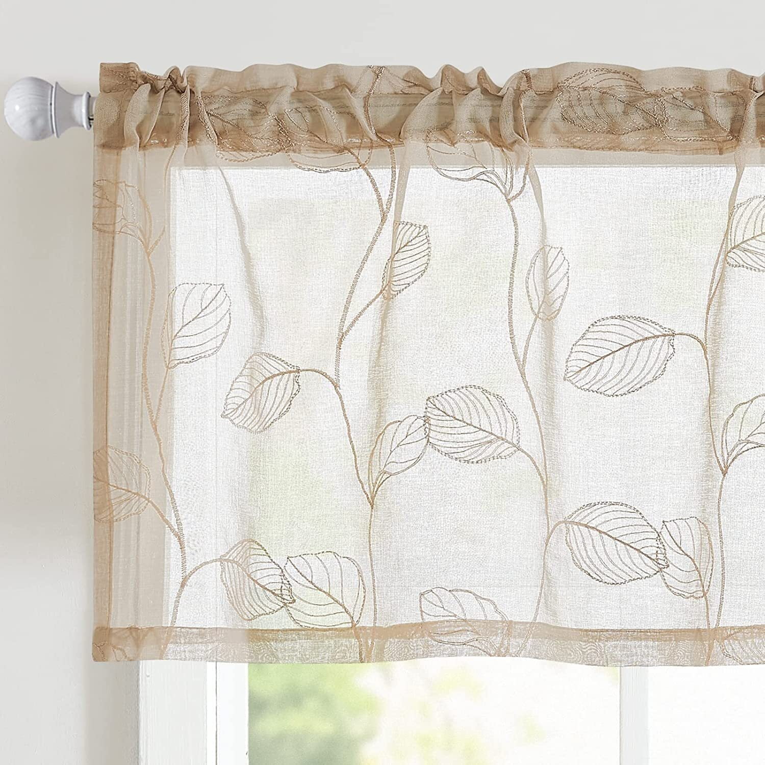 Curtainking Sheer Valance Leaf Embroidered Farmhouse Beige Kitchen