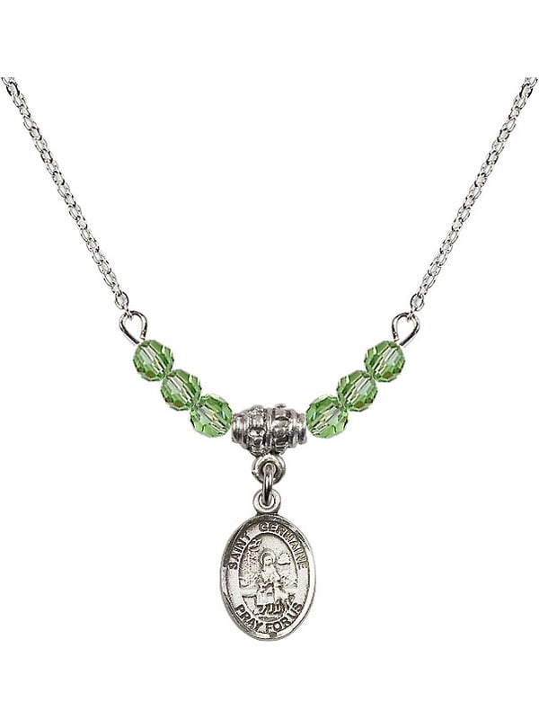 Bonyak Jewelry 18 Inch Rhodium Plated Necklace w/ 4mm Green August Birth Month Stone Beads and Saint Germaine Cousin Charm