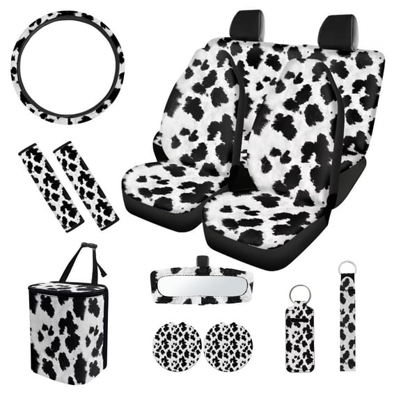 XYZCANDO Cow Print Car Trash Can Coasters Steering Wheel Cover Center Mirror Cover Car Seat Cover Seat Belt Cover Keychain Lipstick Cover Easy to Install for Most Cars SUV Truck Heat