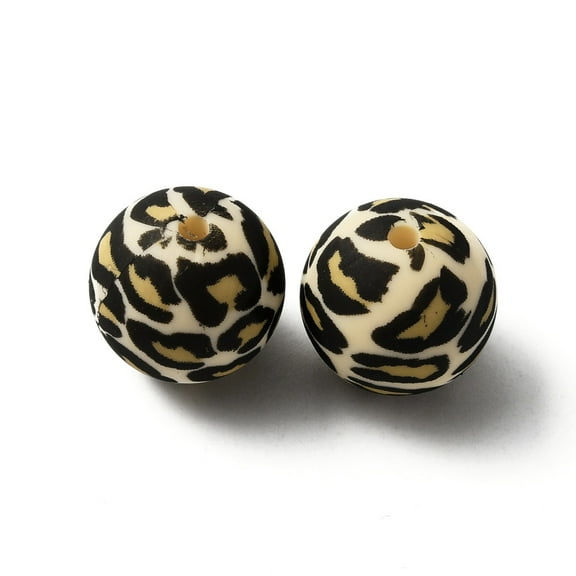 Silicone Beads Round with Leopard Print Pattern Light Khaki 15x15mm Hole: 2mm