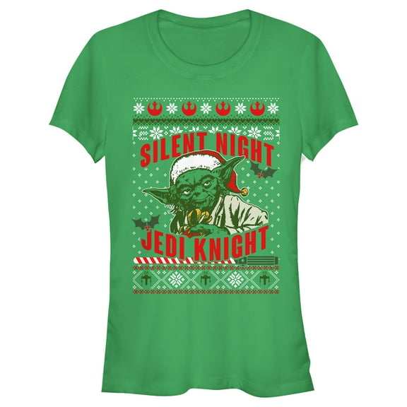 Junior's Star Wars Christmas Yoda Silent Night Jedi Knight Graphic Tee Kelly Green 2X Large