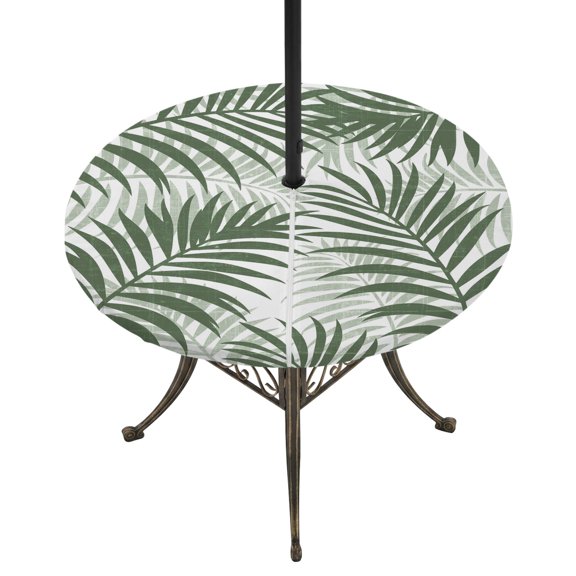 Round Outdoor Tablecloth with Umbrella Hole and Zipper, Green Palm Leaves Tablecloth with Elastic Waterproof, Summer Botanical Tropical Plants Patio Table Covers for 36" - 44" Picnic Pool Tables