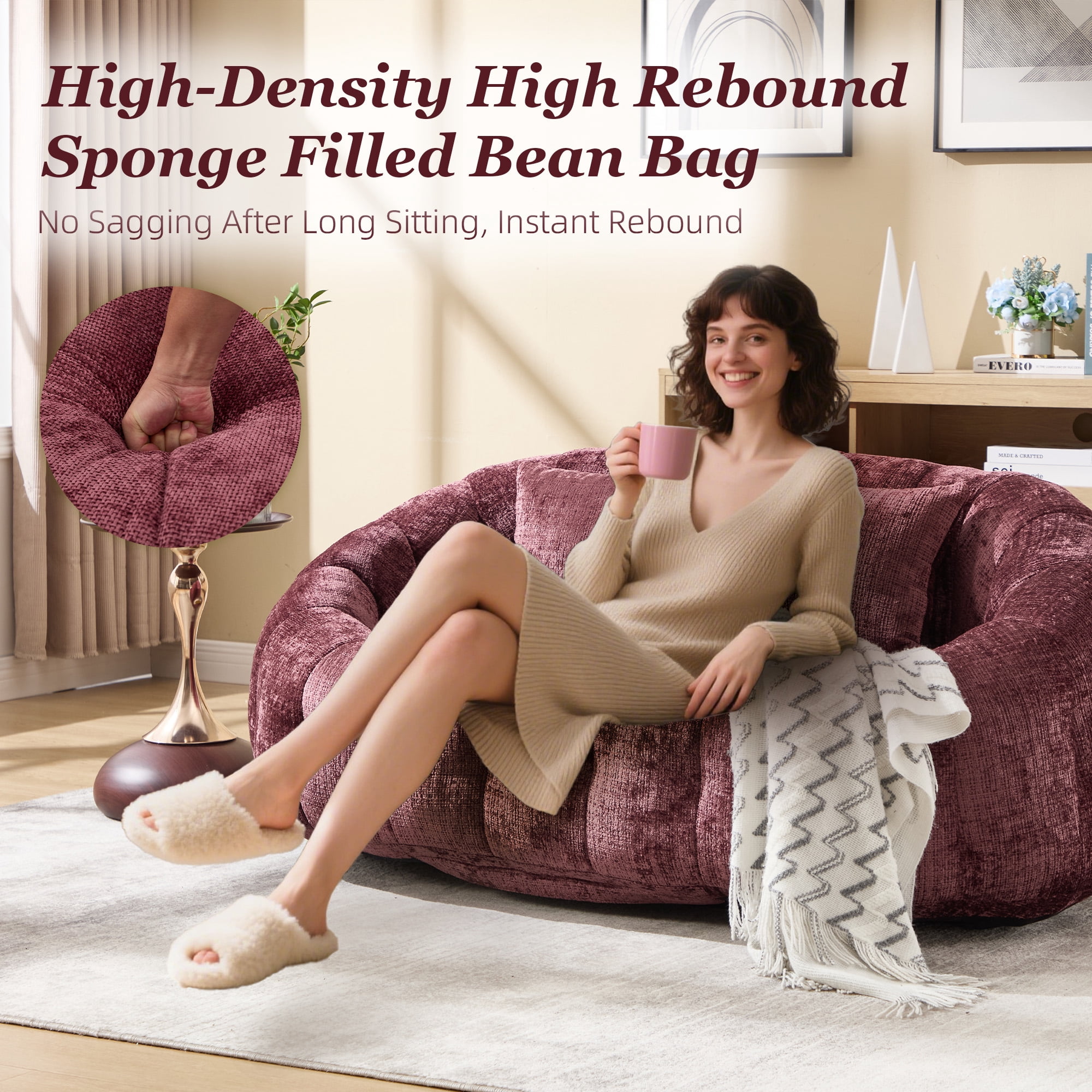 MOONMISS Large 59'' Bean Bag Chair for Adults,Chenille Shell-Shaped Couch with Two Pillows,Oversized Single Sofa,Wine Red