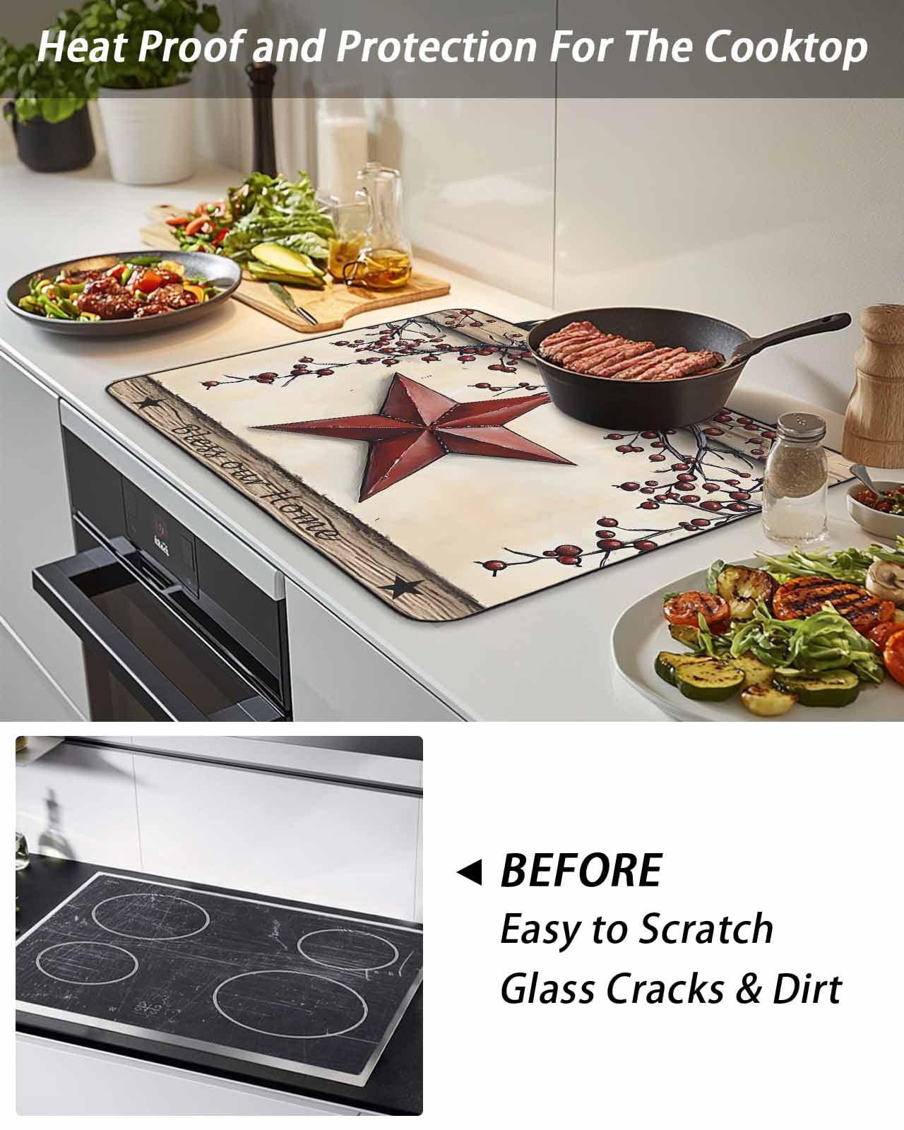 Stove Top Covers for Electric Stove, Red Texas Star Rustic Glass Stovetop Cover Protector, Country Star Berries Wooden Induction Cooktop Protector Oven Mat for Kitchen Countertop 24"x21"