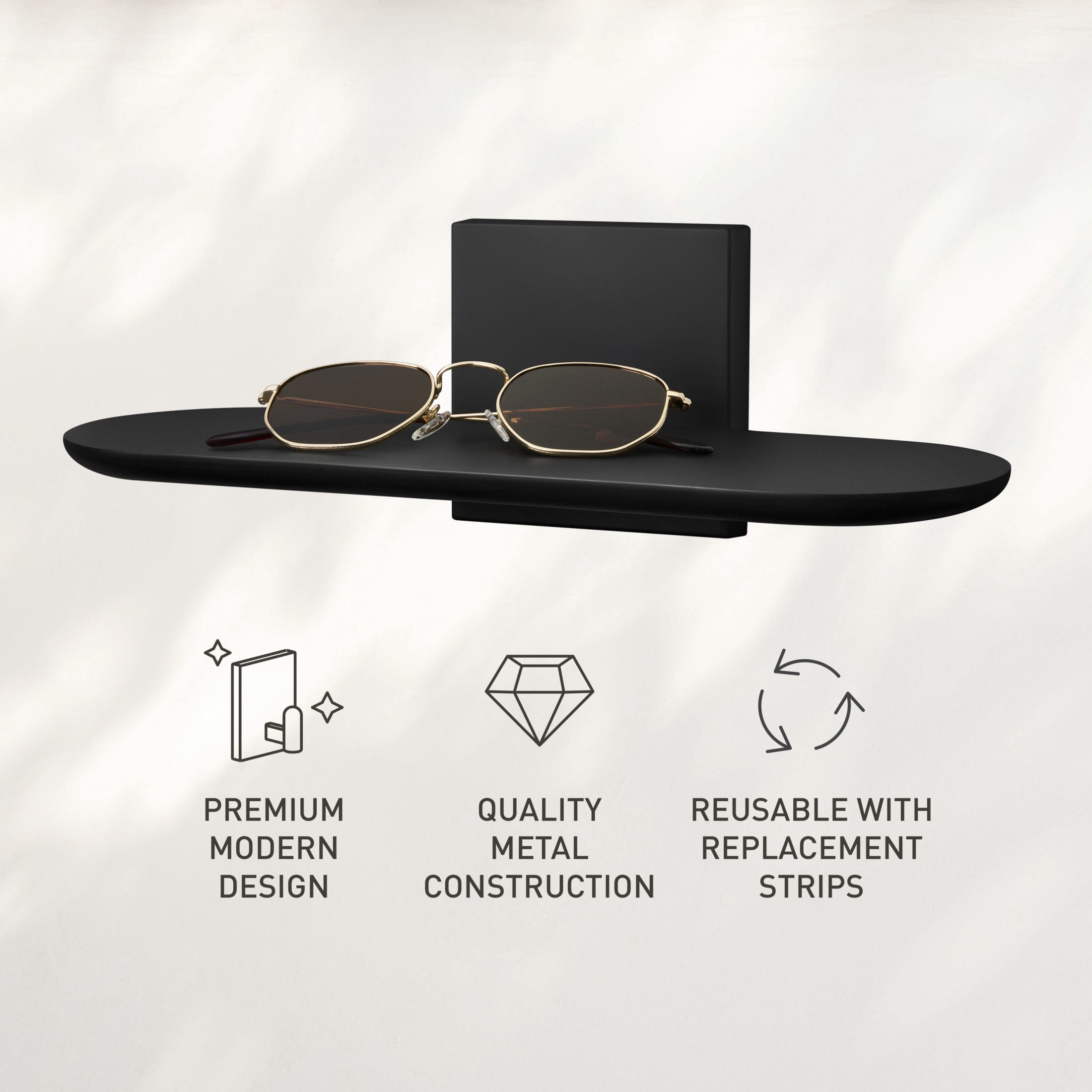 Command Decor Metal Wall Shelf, Matte Black, Holds 5 lbs, 1 Shelf, 8 Large Adhesive Strips