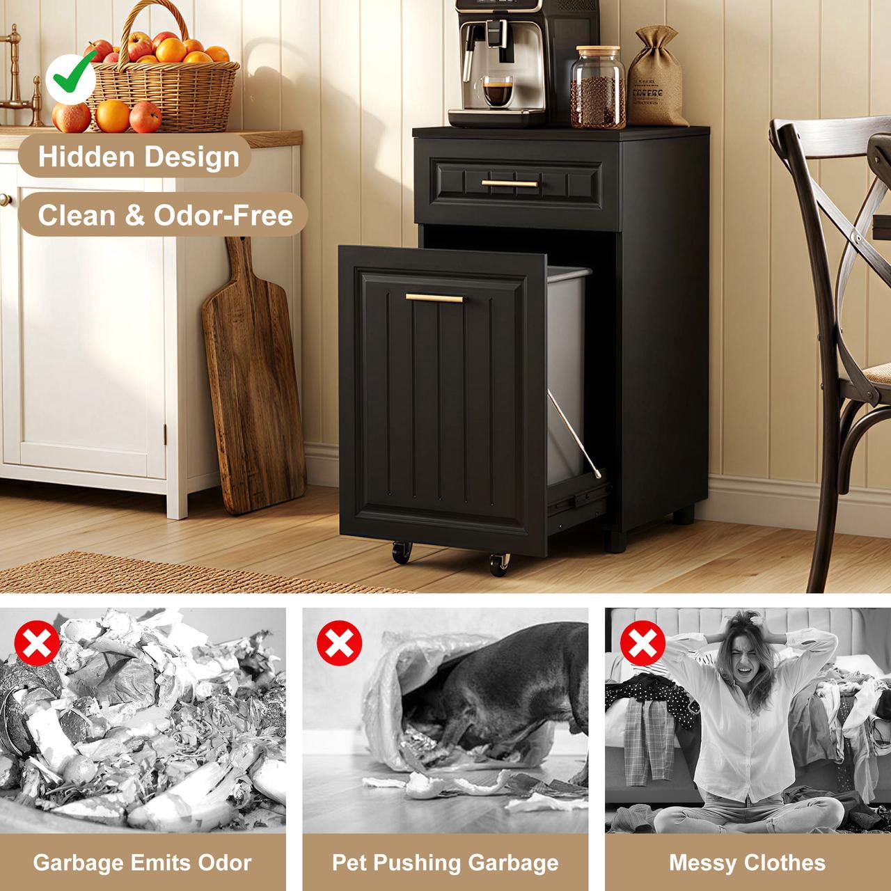 Pull Out Trash Can Cabinet for Double 7 Gallon or 13 Gallon Bin, Freestanding Kitchen Trash Bin Cabinet with Drawer, Pet Proof Hidden Garbage & Recycling Storage for Laundry & Living Room, Black