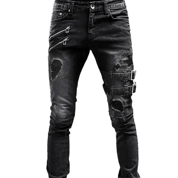 Ediodpoh Men's Trousers Casual Straight Mid-rise Slim Fit Ripped Jeans Men’s Pants Black XXL
