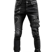 Men's Jeans Men's Trousers Casual Straight Mid-Rise Slim Fit Ripped Jeans Pantalon Jeans Homme Black XL