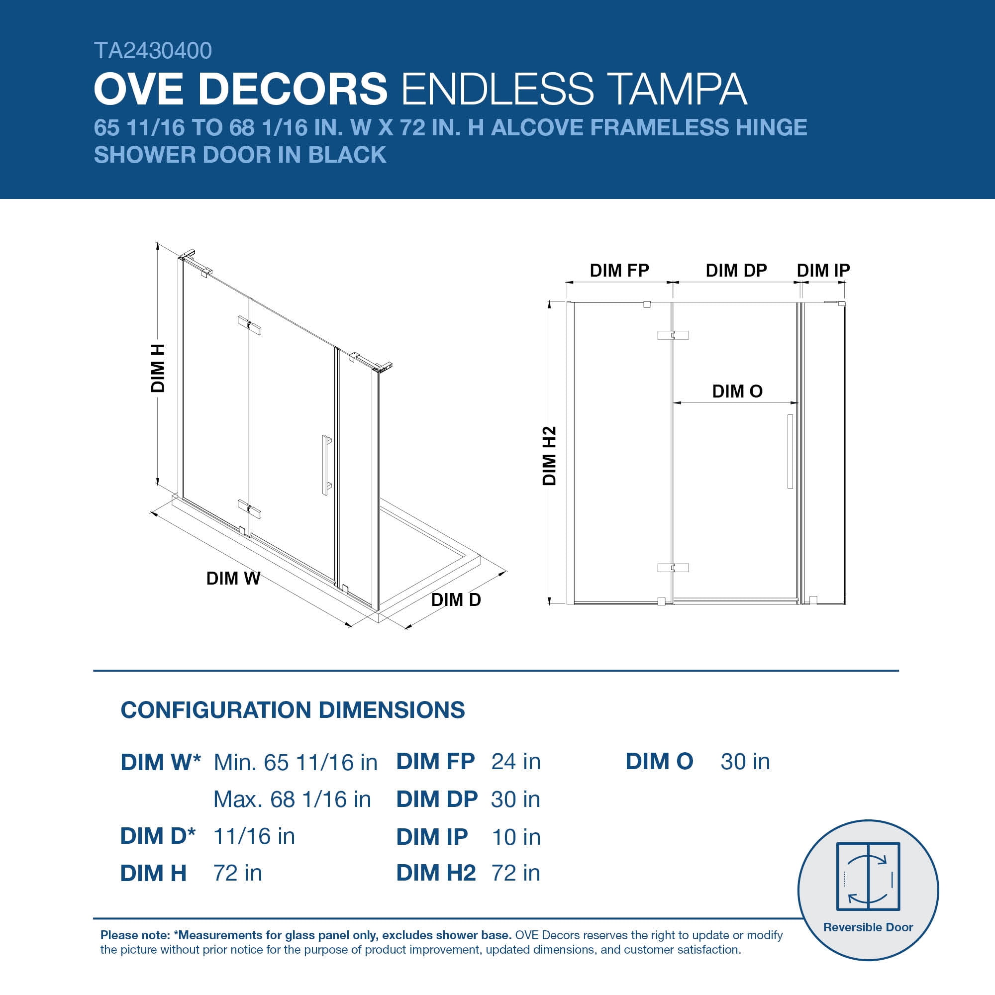Ove Decors Tampa 68-1/16 in. W x 72 in. H Alcove Shower Enclosure with Pivot Frameless Shower Door in Black