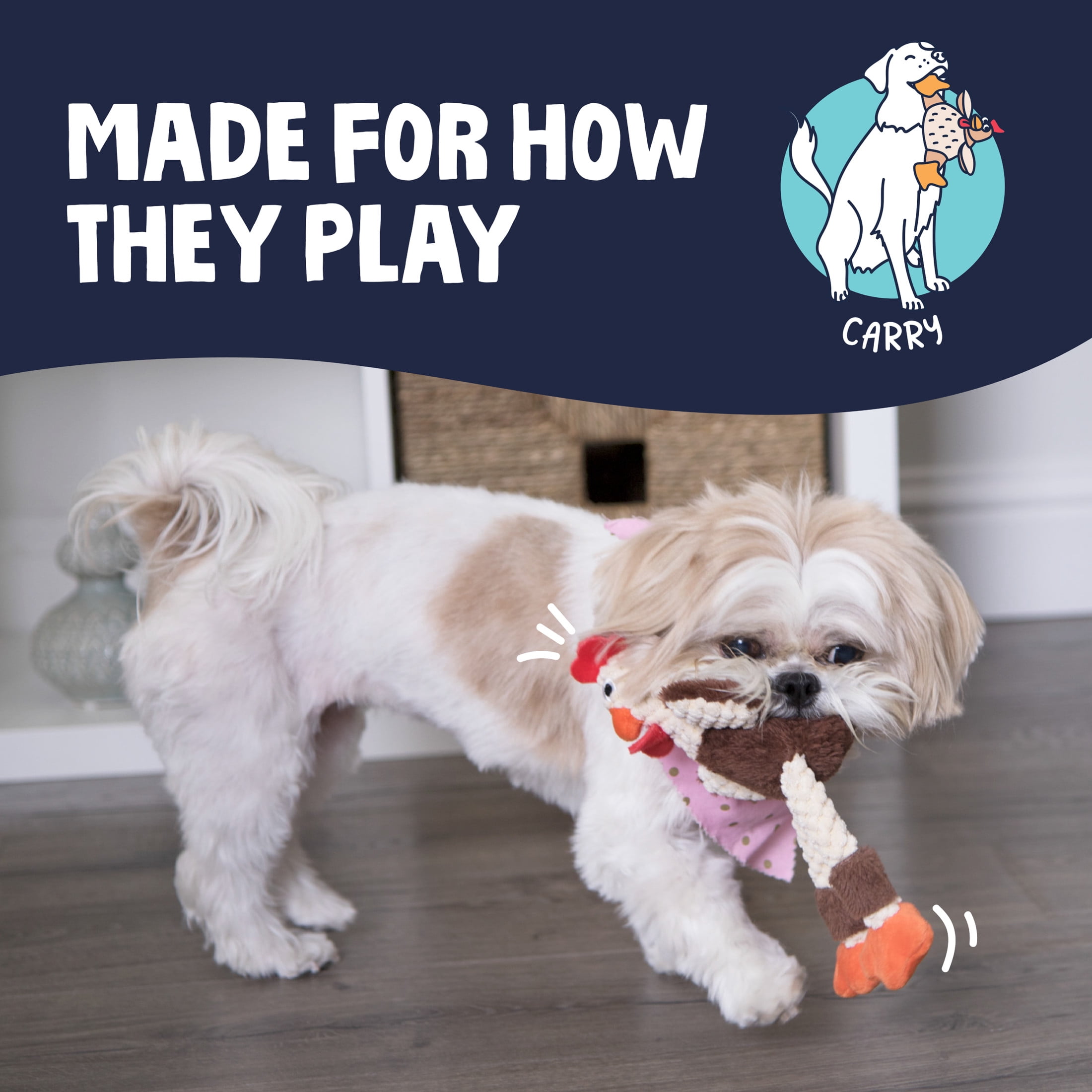 goDog Checkers Skinny Rooster Squeaky Plush Dog Toy with Chew Guard Technology, Durable Fabric & Squeaker for Active Play, Brown, Mini