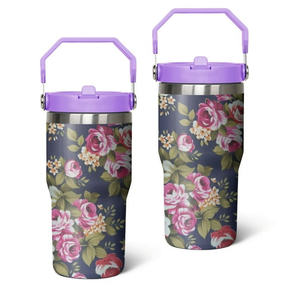 20oz Navy Floral Print Stainless Steel Tumbler with Top Handle,Pioneer Travel Coffee Mug Flip Straw Cup,Gifts for Women Girls Men Adults（light-purple）