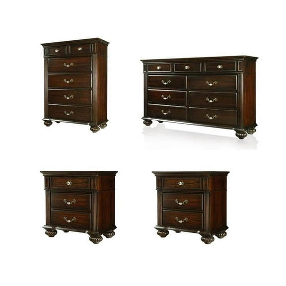 Home Square Set of 4 Solid Wood Chest, Dresser and 2 Nightstands in Dark Walnut