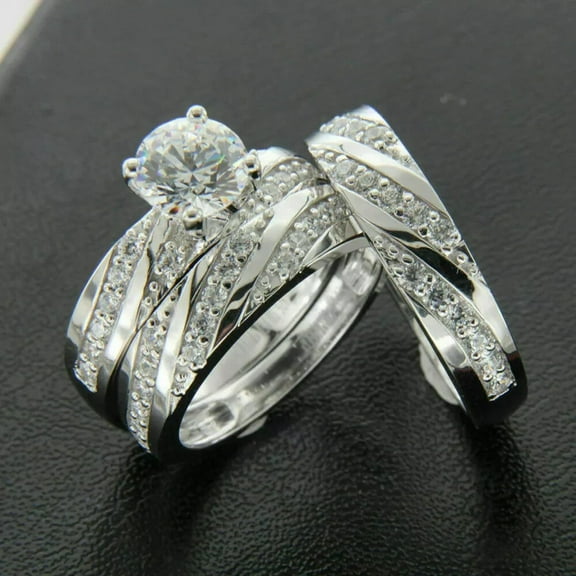 Silver Shop 4ct Round Cut Cubic Zirconia Wedding Trio Ring Set 14k White Gold Finish
