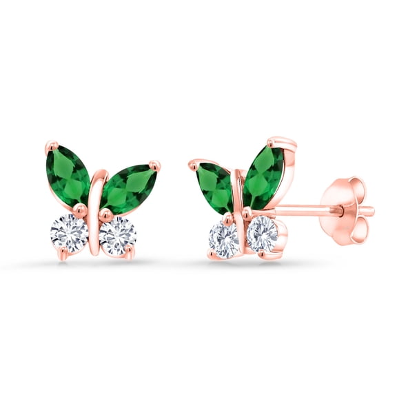 18K Rose Gold Plated Silver Marquise Green Nano Emerald and White Lab Grown Diamond Butterfly Earrings for Women (1.20 Cttw, Gemstone May Birthstone, Center Stone: 6X3MM, Small Stones: 3MM)