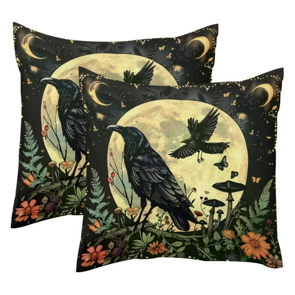 2 Pack Throw Pillow Covers Moon Crow Nature Plant Decorative Pillow Cases Home Decor Square 18x18 Inches Pillowcases