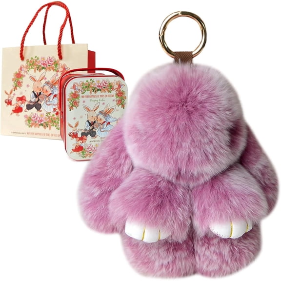 Keychain with Tin Adorable Soft Bunny Pompom Charm for Girls & Women
