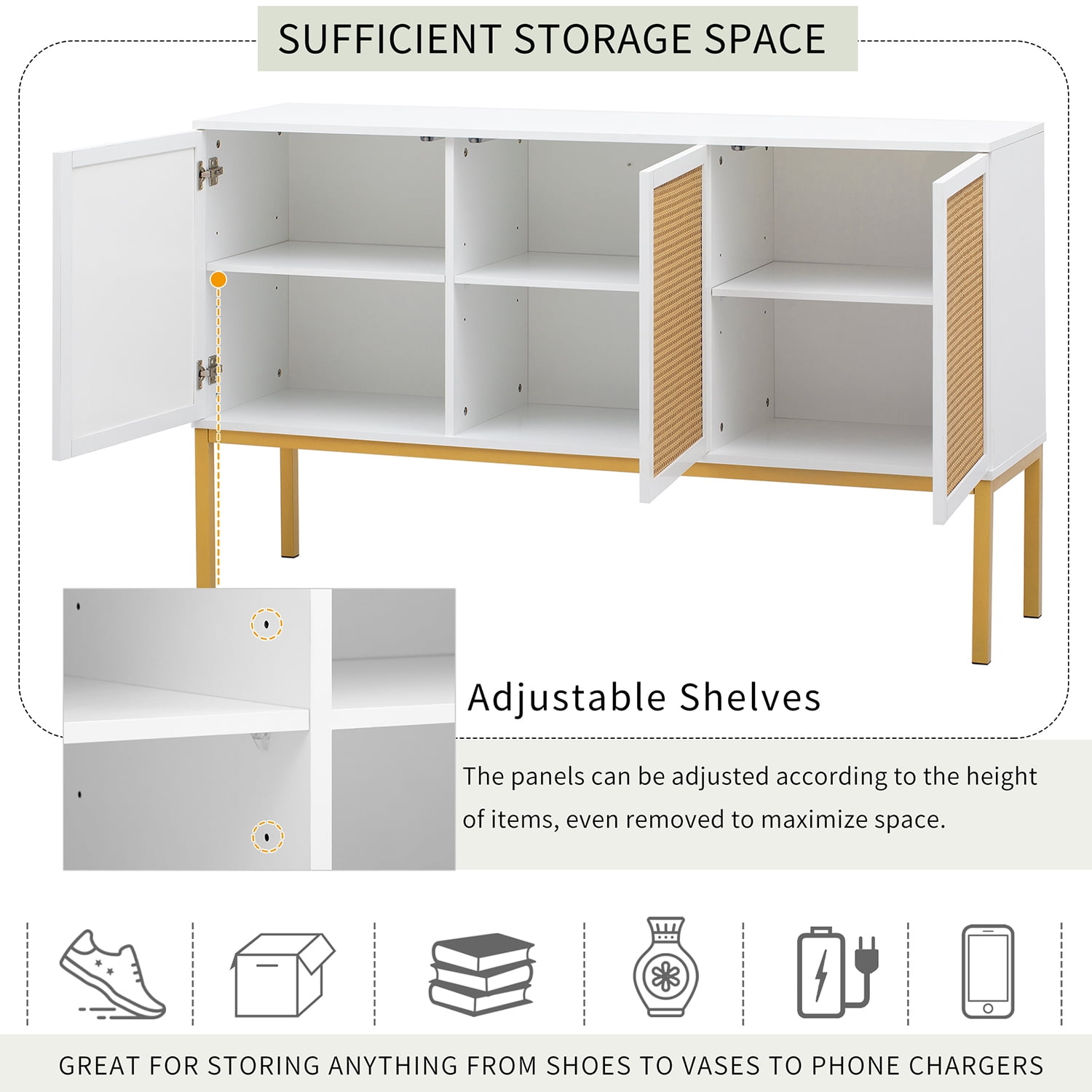 Kadyn 54" Sideboard Buffet Cabinet, Sideboard Storage Cabinet with Artificial Rattan Door and Rebound Device for Entryway, White Kadyn 54" Sideboard Buffet Cabinet, Sideboard Storage Cabinet with Artificial Rattan Door and Rebound Device for Entryway, White