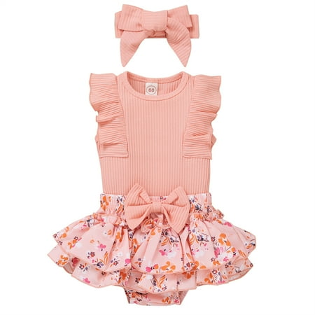

Zukuco Baby Girl Clothes Floral Summer Outfits Ruffle Sleeveless Romper Jumpsuit + Shorts Headband Newborn Baby Clothes