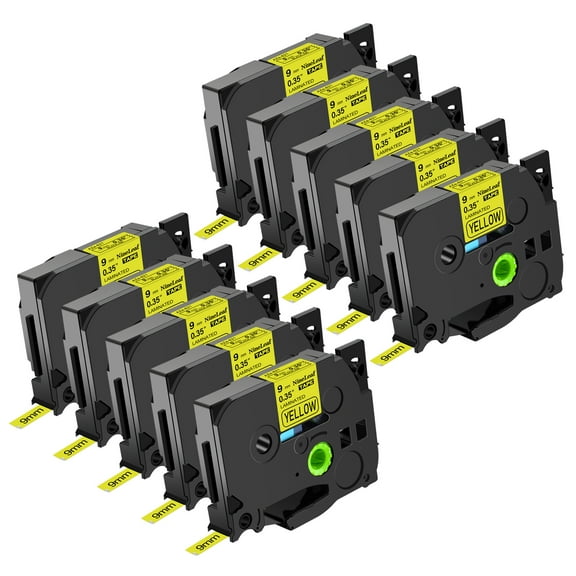 NineLeaf 10 Pack Compatible for Brother P-touch TZe-621 TZe621 TZ-621 TZ621 9mm 3/8 Yellow Laminated Label Tape 0.35" x 26.2 ft (9mm x 8m)