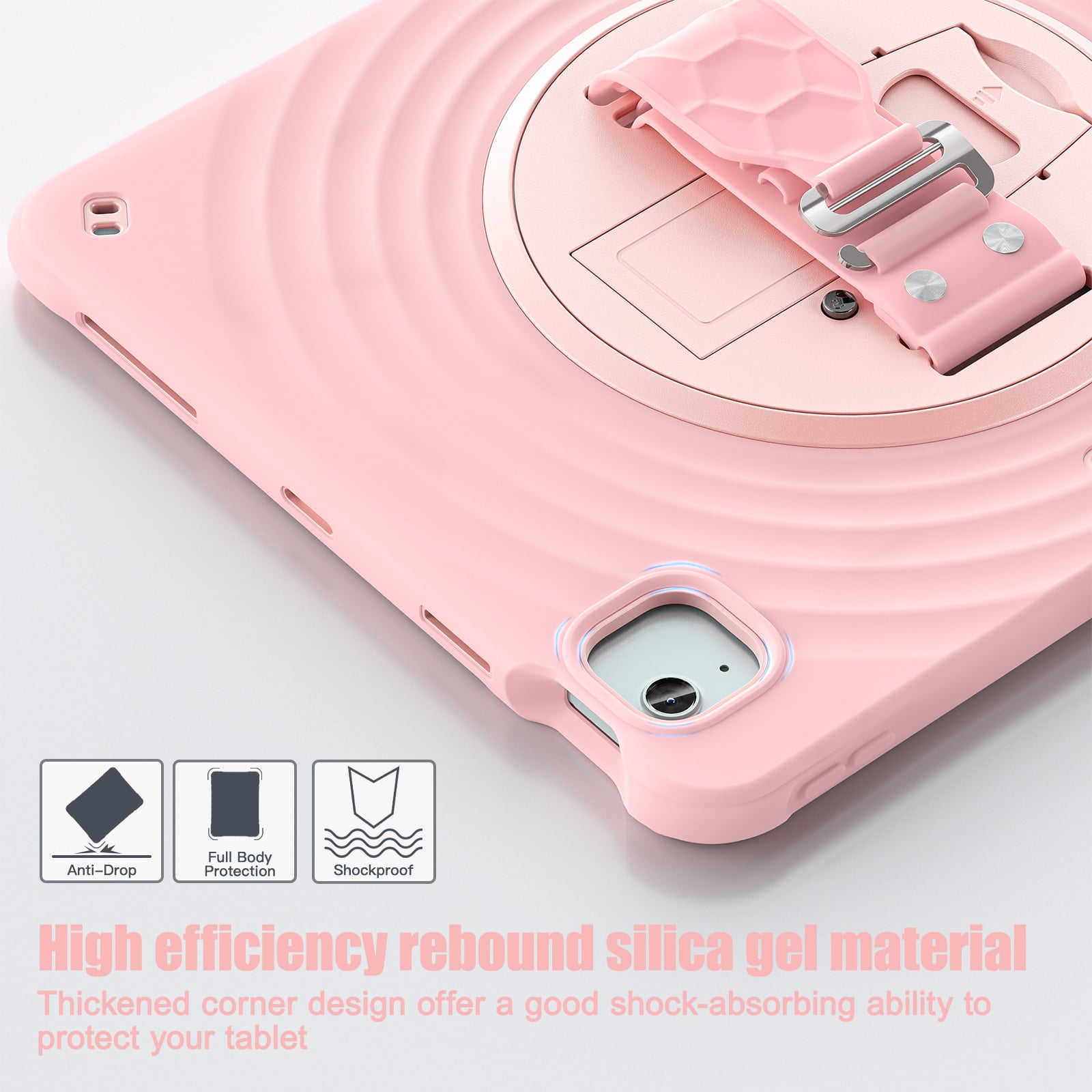 for iPad Air 13" 2025/2024 Case, Durable Sturdy Protection Case with Rotation Stand, Portable Hand Strap and Shoulder Strap Pencil Holder, Heavy Duty Shockproof Anti-Drop Cover, Pink
