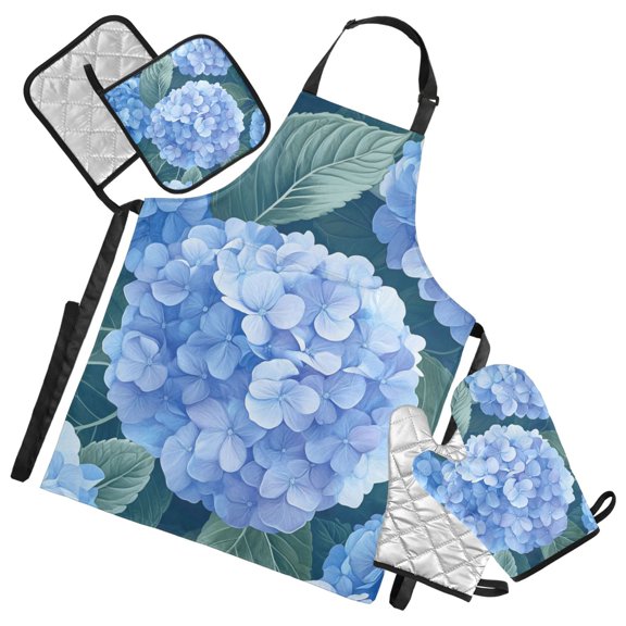 Blue Hydrangeas Apron Set with Oven Mitts Pot Holders Set of 5 Kitchen Stuff Accessories
