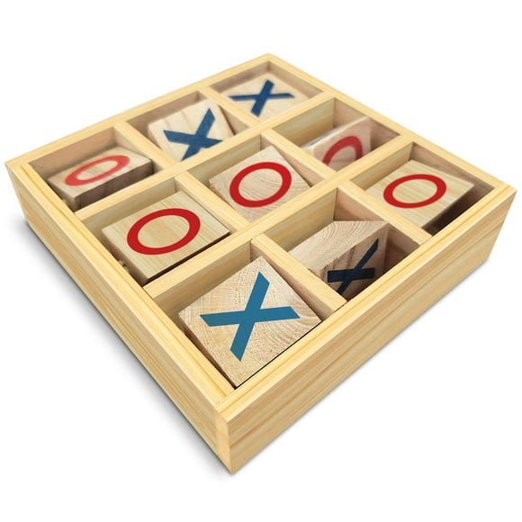 Gamie Wooden Tic-Tac-Toe Game, Small Travel Game with Fixed Spinning Pieces, Classic Wood Game for Kids, Fun Indoor Game Night Activity for Boys and Girls
