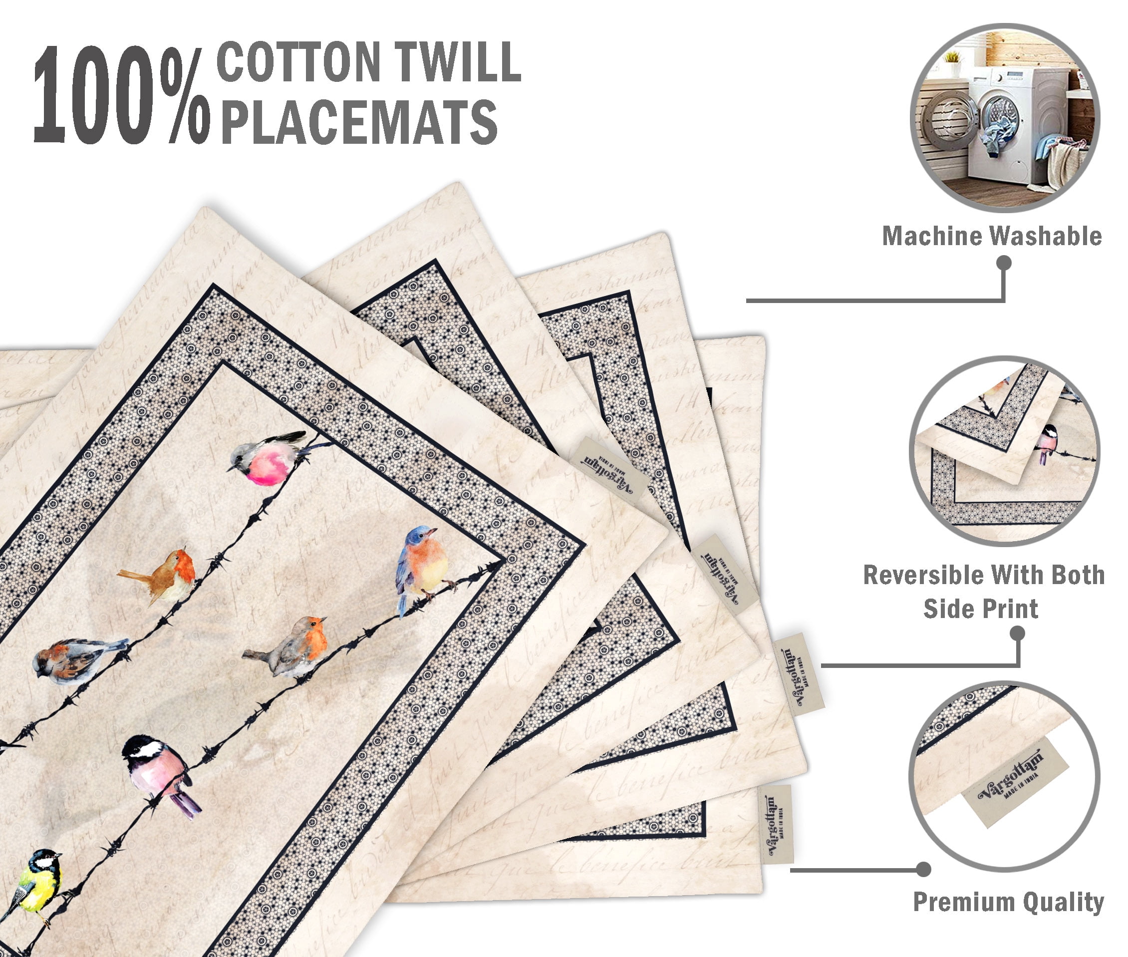 Vargottam Placemats- Placemat For Dining Table, Set Of 4- Printed & Reversible CottonNapkin-IndoorPlacematsFor Home & Kitchen Dining Table- Bird (Beige)