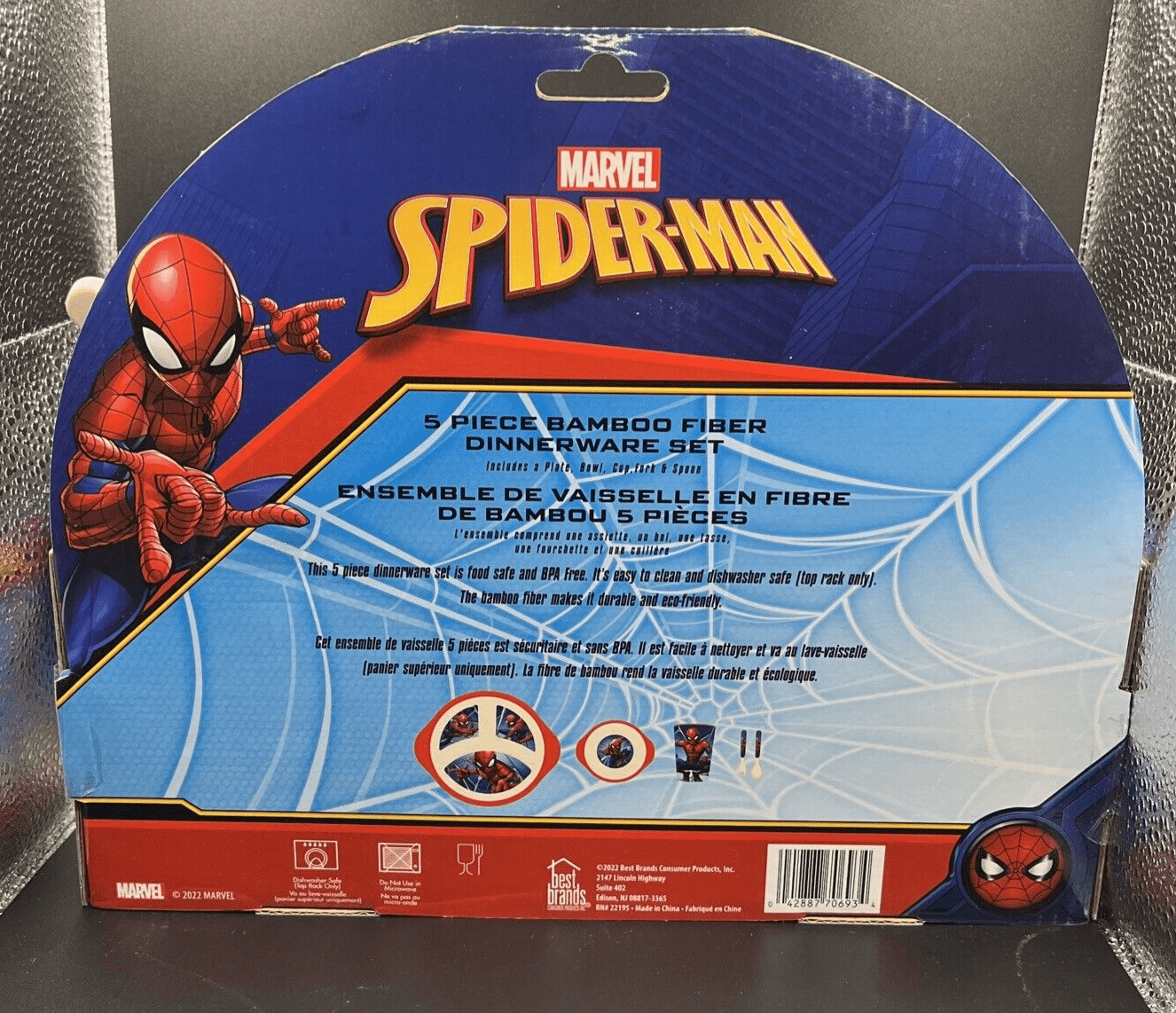 Marvel Spiderman Bamboo 5 Piece Dinnerware Set Plate Bowl Cup Fork Spoon