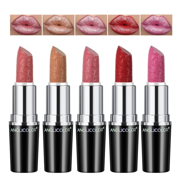 Anglicolor 5PCS Lápiz Labial Brillo MetáLico Rouge, Nude Pintalabios Metallic Brillo, Larga Duracion Glitter Lipstick High For Women Full-Coverage Lip