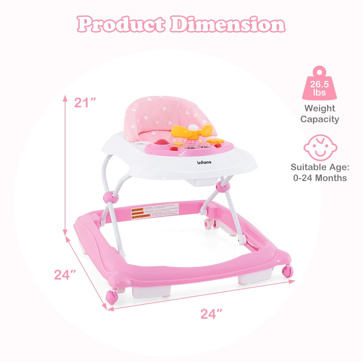 INFANS Foldable Baby Walker, 3 in 1 Toddler Walker Leaning-Seated Walk-Behind with Removable Music Tray, Adjustable Height, Washable Seat Cushion for Boys and Girls