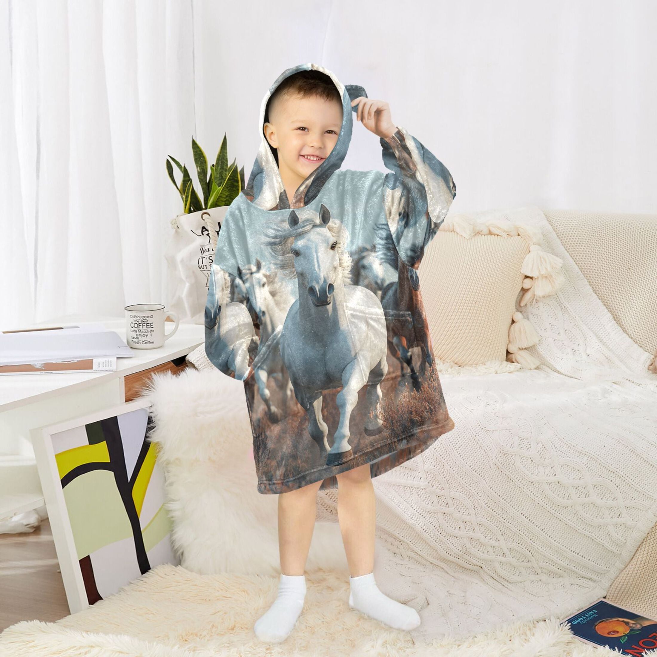 joogoo Wearable Blanket Hoodie 3d Horses Running for Flannel Sherpa Pocket 3-14 YR L