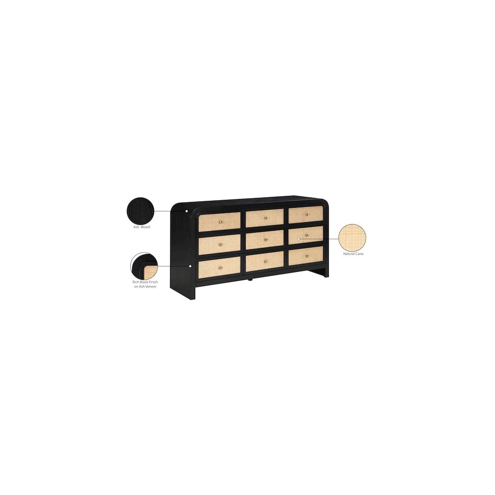 Meridian Furniture Siena Black Ash Wood and Natural Cane Dresser
