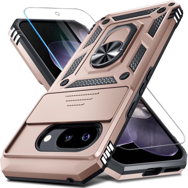 KOMI Case Compatible with Google Pixel 9A Built in Slide Camera Lens Cover+Screen Protector+Finger Ring Holder Kickstand,Heavy Duty Shockproof Full Body Protective Phone Cover, Rose Gold