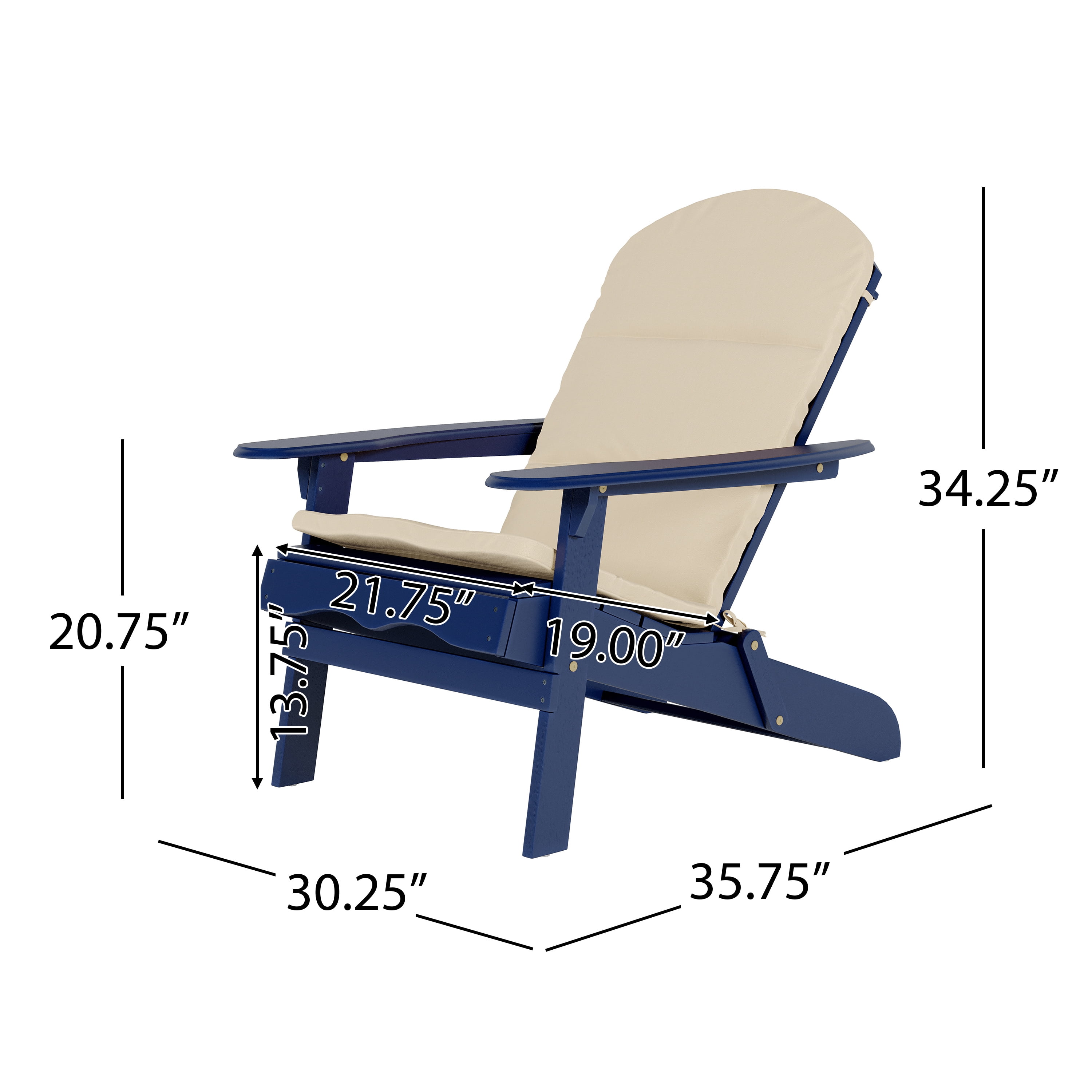 Ariel Outdoor Acacia Wood Folding Adirondack Chairs with Cushions (Set of 4), Navy Blue and Khaki