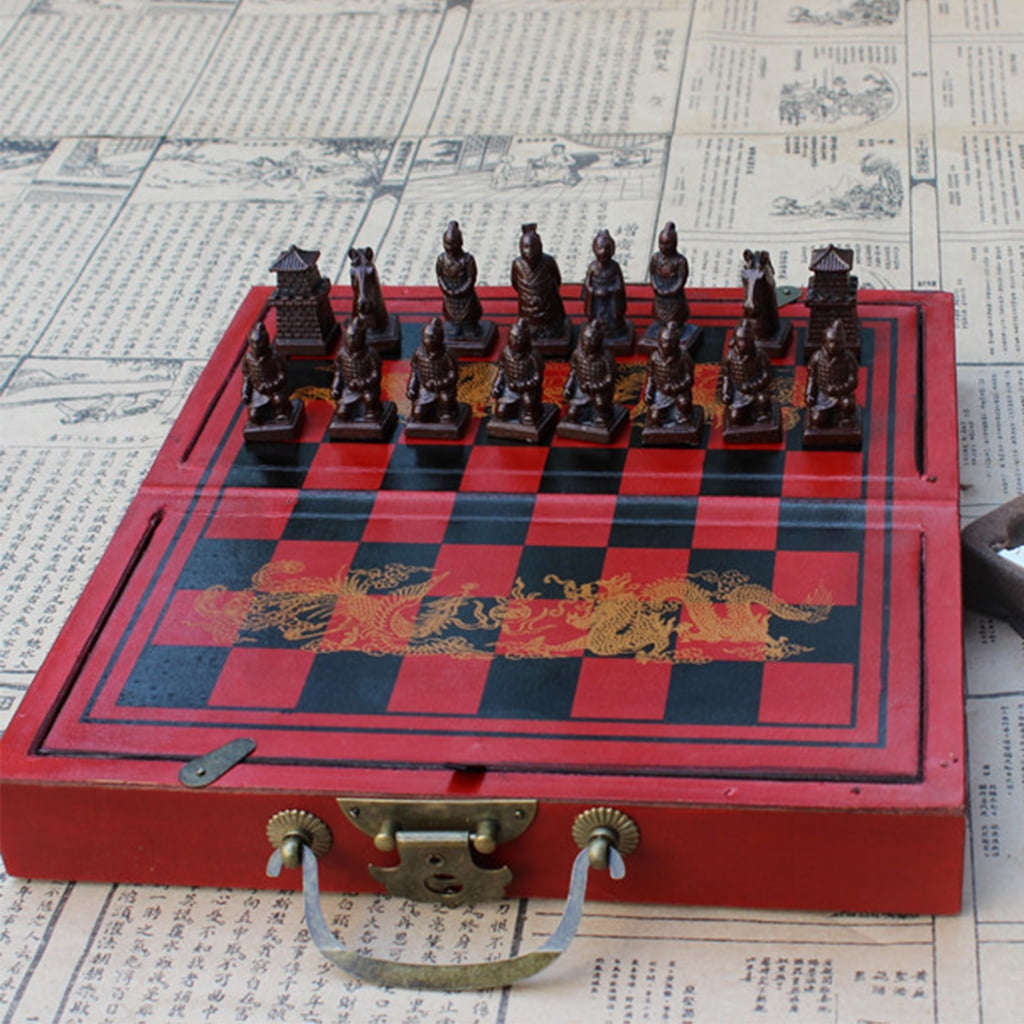 1 Set of Antique Chess Small Wooden Chess Board Terracotta Warrior Chess Pieces Character Parenting Gifts Entertainment