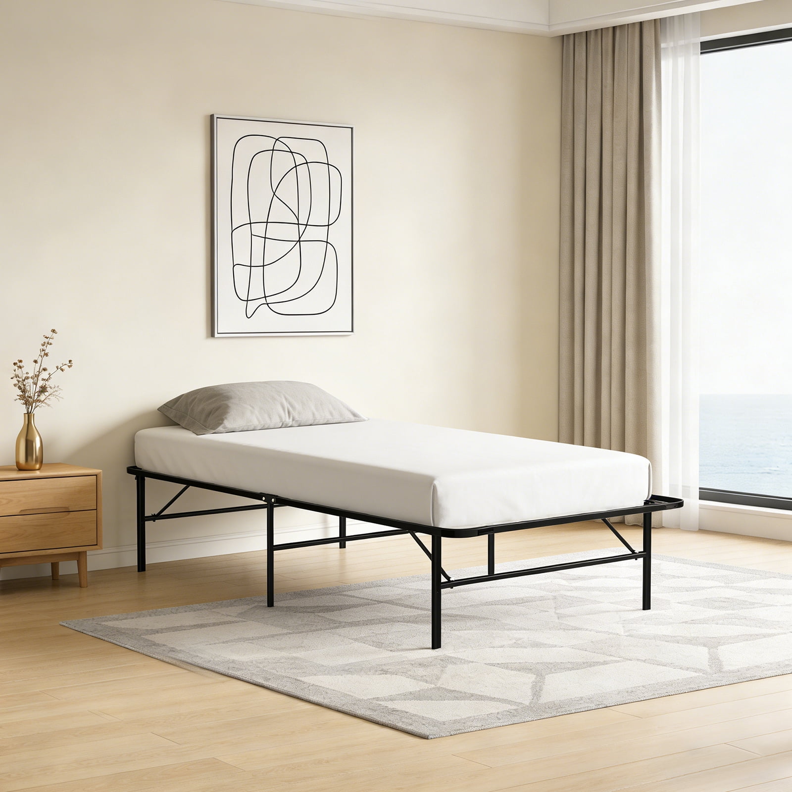 WLLJOY Twin Bed Frame Folding Metal Platform Bed Frame with Heavy Duty and Strong Bearing Capacity, 14 Inches High, Black
