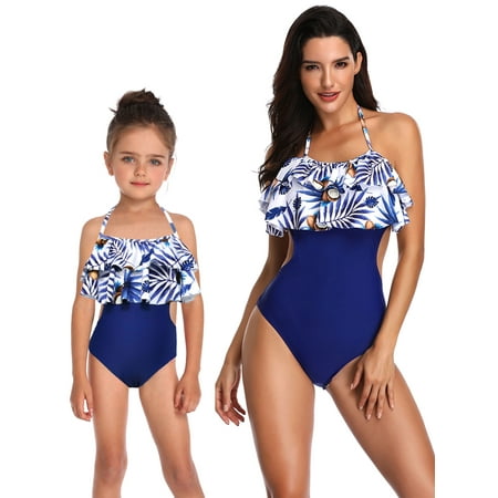 Mom and Me One-Piece Swimwear Family Matching Swimsuit Beachwear One-Piece Halter Backless Hollow Out Swimming Costume Bathing Suit